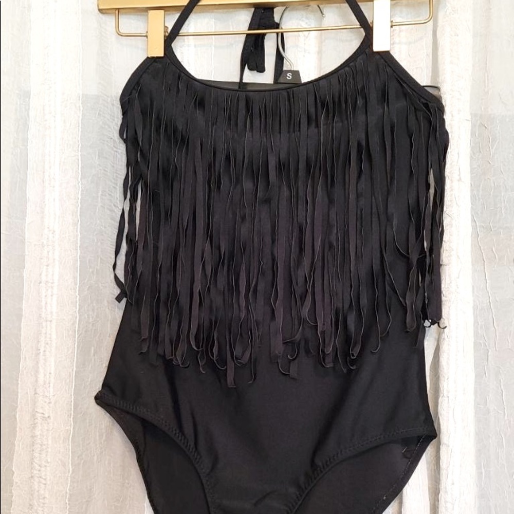 Fringe black one piece halter top bathing suit